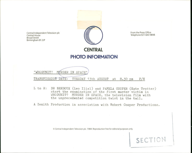 1984 - RADIO TV PROG MURDER IN SPACE INDEPENDENT PLC TELEVISION CENTRAL KATE - Vintage Photograph