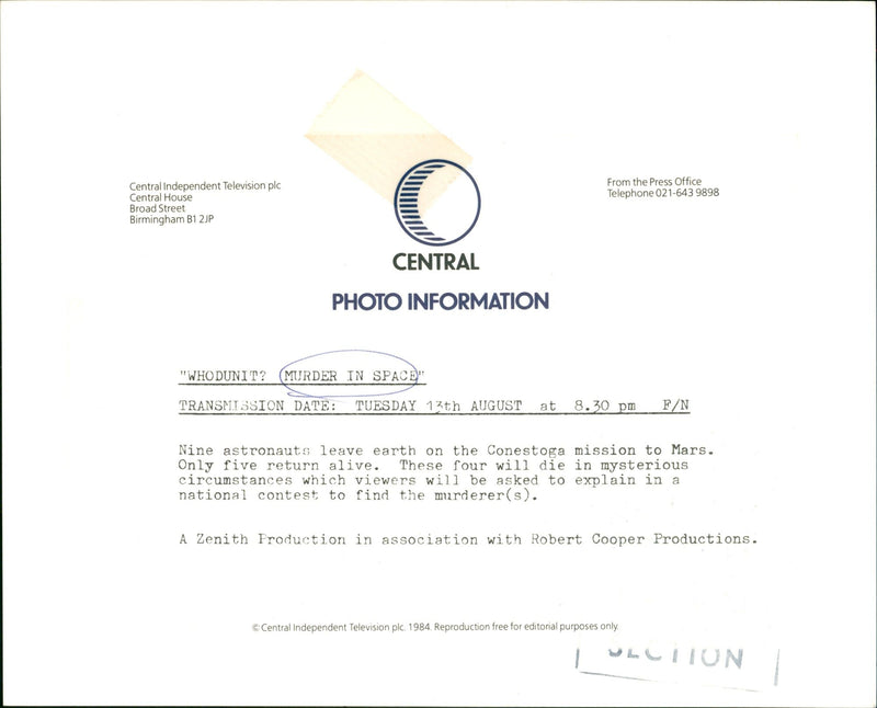 1984 - RADIO TV PROG MURDER IN SPACE PRESS THE OFFICE FROM, HOUSE, ROBERT - Vintage Photograph