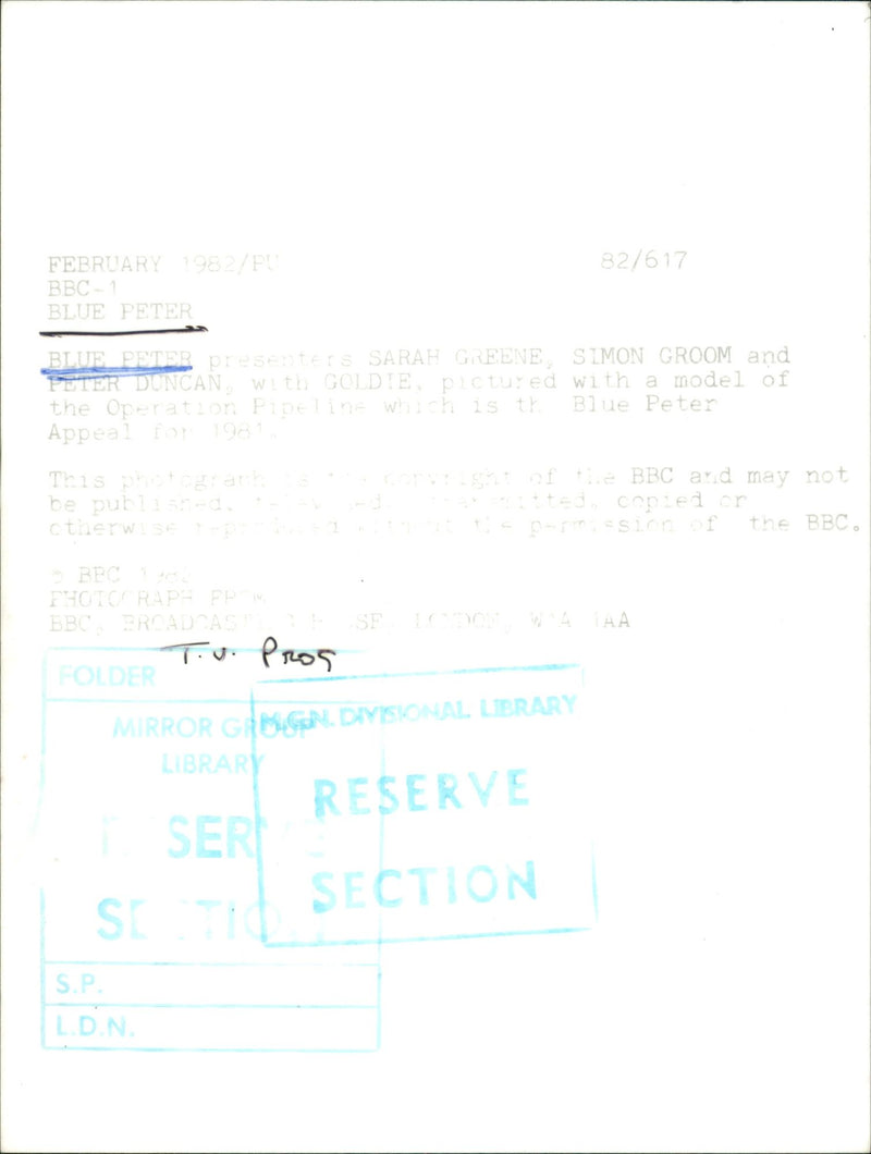 RADIO T V PROG BA BL - BBC FEBRUARY GEFU DUNCAN, GOLDIE, MODEL, PETER - Vintage Photograph