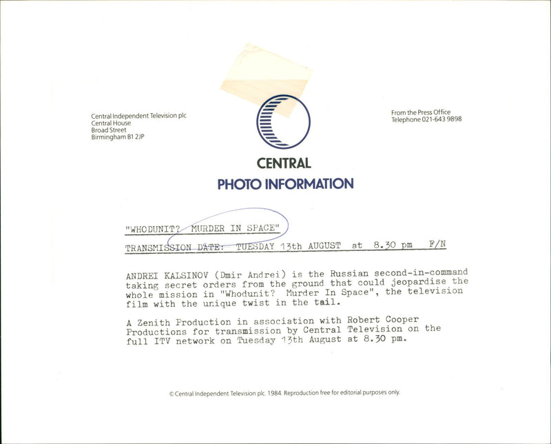 1984 - RADIO TV PROG MURDER IN SPACE PRESS THE OFFICE FROM, FILM, ROBERT - Vintage Photograph