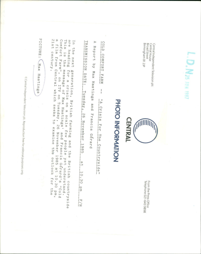 1985 - AX HASTINGS CENTRAL FRANCIS GERARD, BRITISH, FILM - Vintage Photograph