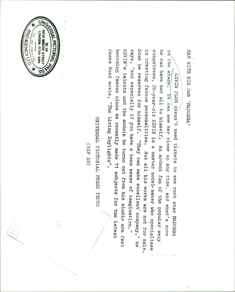 PLUM KEVIN - OWN HIS MAN WITH, LONDON, MOVIE, MODEL - Vintage Photograph