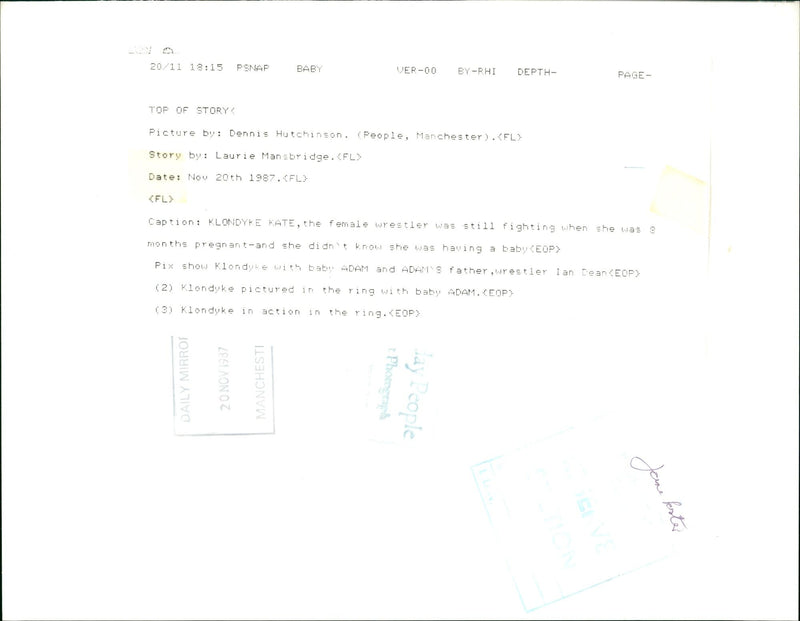 Klondyke Kate, a female wrestler, is pictured with her baby Adam and the baby's father, Ian Dean. She continued to compete while 8 months pregnant and was unaware of her pregnancy. - Vintage Photograph