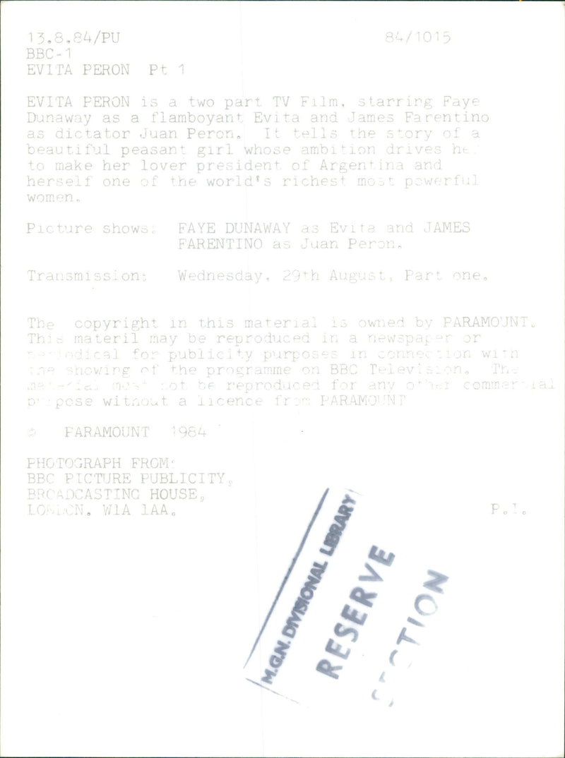 1984 - T V PROBS EVITA BBC DUNAWAY FAYE JUAN, FILM, PRESIDENT, ONE - Vintage Photograph