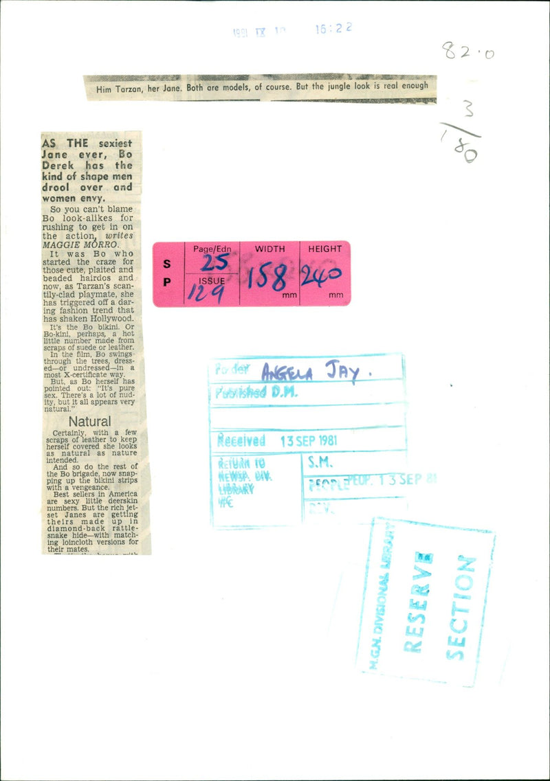 1981 - JAY ANGELA MODEL HIM HER TARZAN DEREK, FILM, FASHION - Vintage Photograph