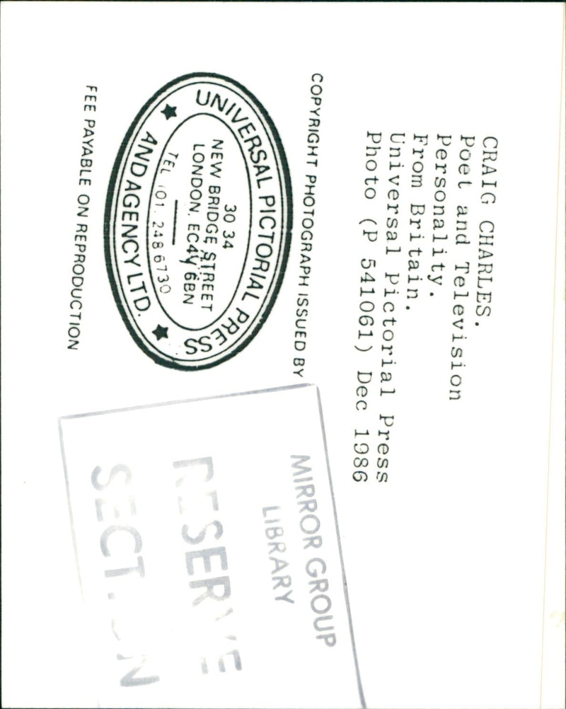 1986 - CHARLES CRAIG CULT POTT AND POET, LONDON, BRITAIN - Vintage Photograph