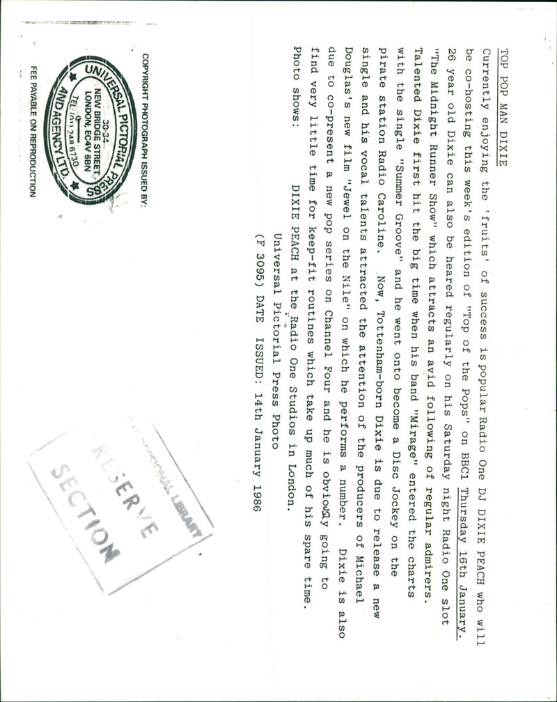 1986 - PEACH D J SINGER DIXIE POP TOP MAN J., LONDON, FILM - Vintage Photograph