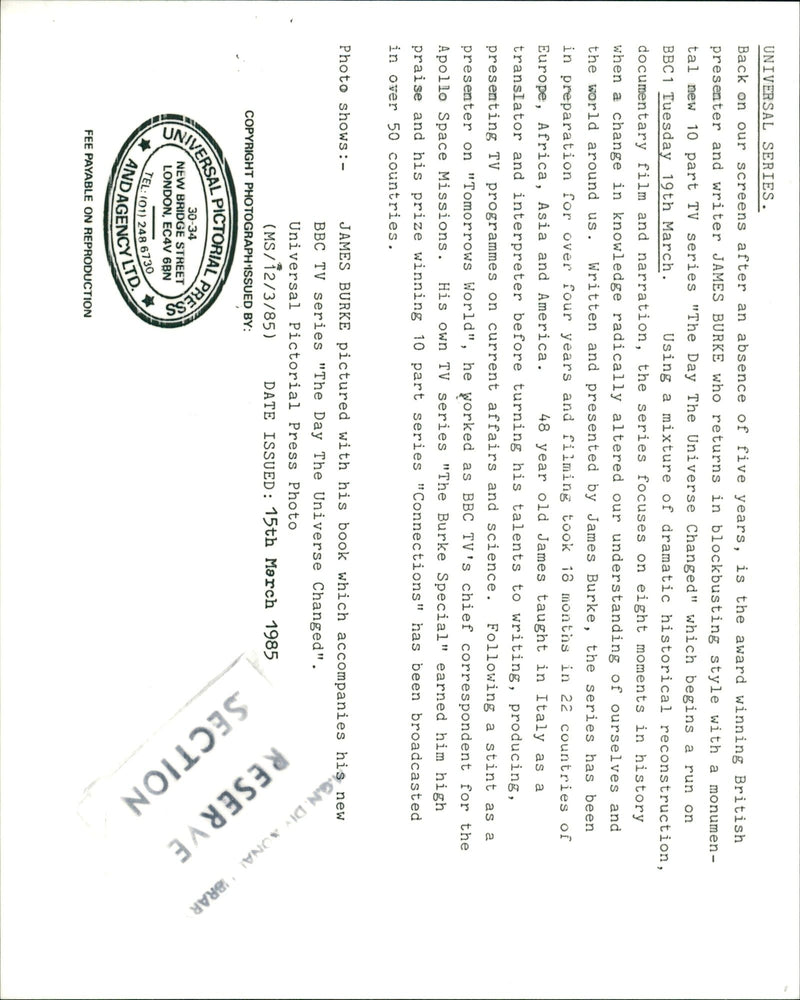 1985 - BURKE SANES UNIVERSAL SERIES BACK JAMES, APOLLO, FILM, LONDON - Vintage Photograph