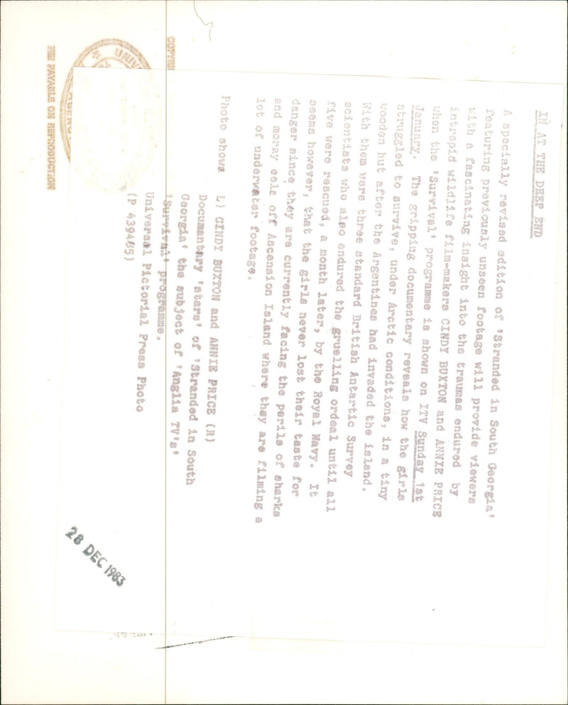 1983 - YRNU A HANN WOLKNU DEEP THE BUXTON CINDY, BRITISH, ROYAL, FILM - Vintage Photograph