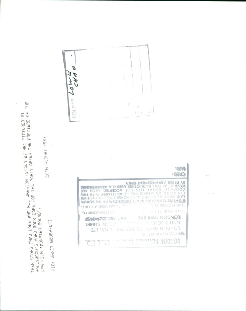 1987 - LOWE CUNO CHAD TEEN STARS, LONDON, ROCK, FILM - Vintage Photograph