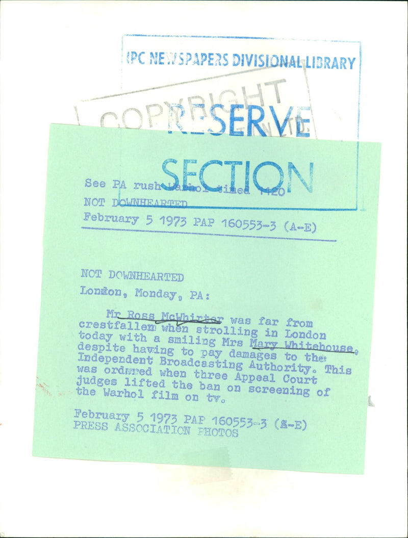 1973 - OUSE MARY CLEAN TV NEWSPAPERS DIVISIONAL LIBRARY ROSS, LONDON, FILM - Vintage Photograph