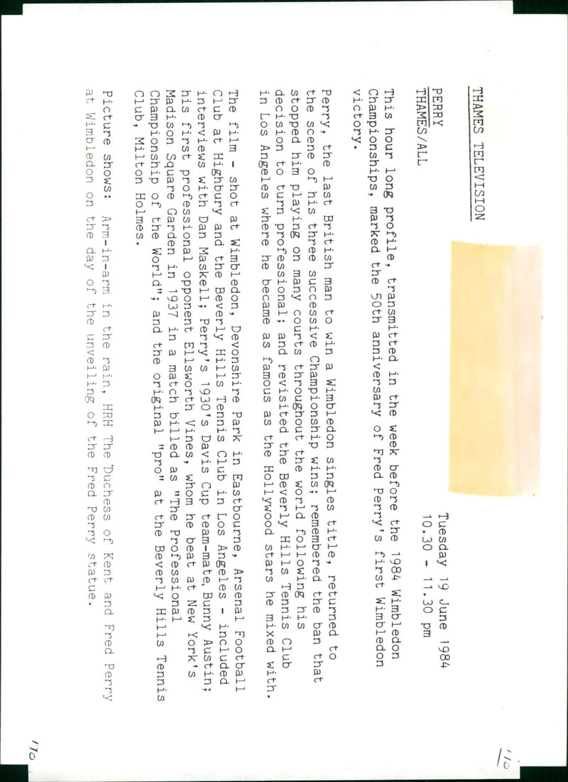 1937 - PERRY FRE TENNIS THAMES TELEVISION, BRITISH, FILM - Vintage Photograph