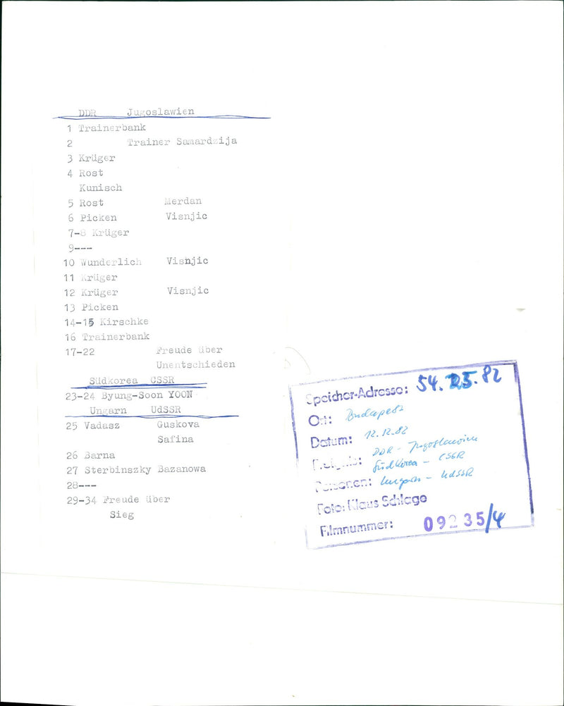 1982 GDR YUGOSLAVIA COACH BENCH SAMARDZIJA KRUGER RUST KUNISCH FILM - Vintage Photograph