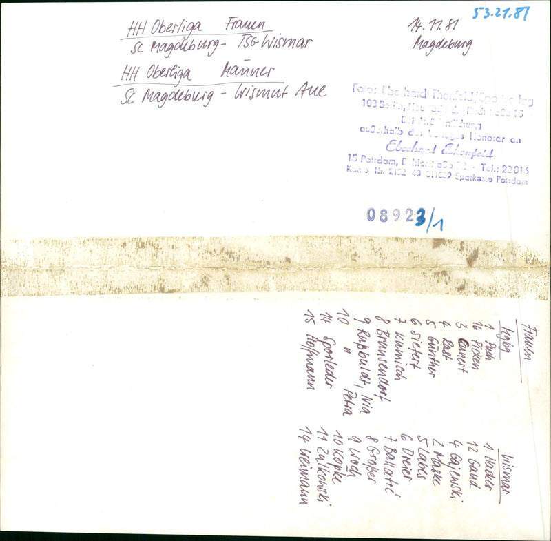 1981 WISMAR KRUGER REG FISCHER MAGDEBURG OBERLIGA FRAUEN FILM - Vintage Photograph