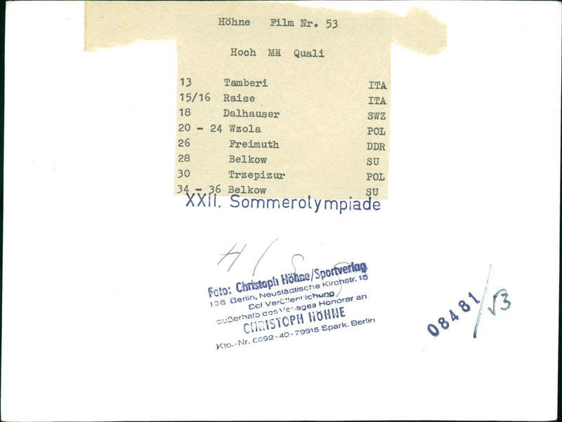 LEICHTATHLETIC HOHNE FILM HOCH QUALI TAMBERI RAISE DALHAUSER WZOLA - Vintage Photograph