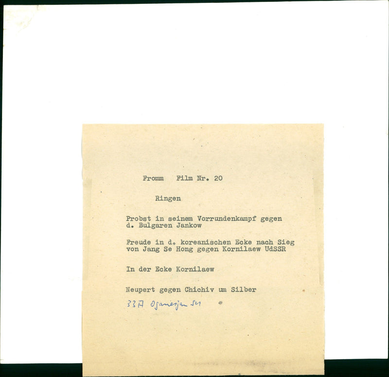 FROMM FILM WRESTLING PROBST HIS PRELIMINARY ROUND FIGHT AGAINST HONG - Vintage Photograph