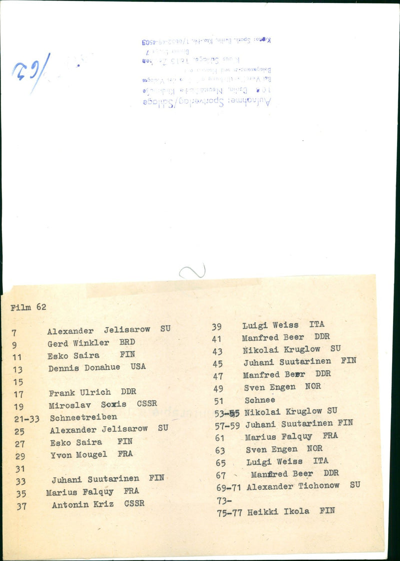 BIATHLON ALEXANDER JELISAROW GERD BRD ESKO SAIRA FIN DENN FILM - Vintage Photograph