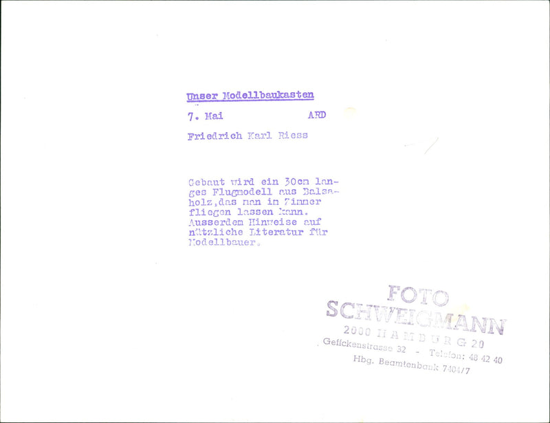 MOES MODEL BUILDING CASKS OUR HODELL BUILDER HAI ARD FRIEDRICH KARL RIESS - Vintage Photograph