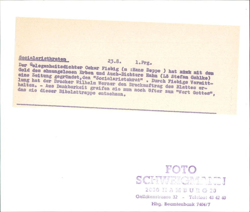 SOCIALARIDATEROEKEN OCCASIONAL POET OSKAR MEBIG HANS - Vintage Photograph