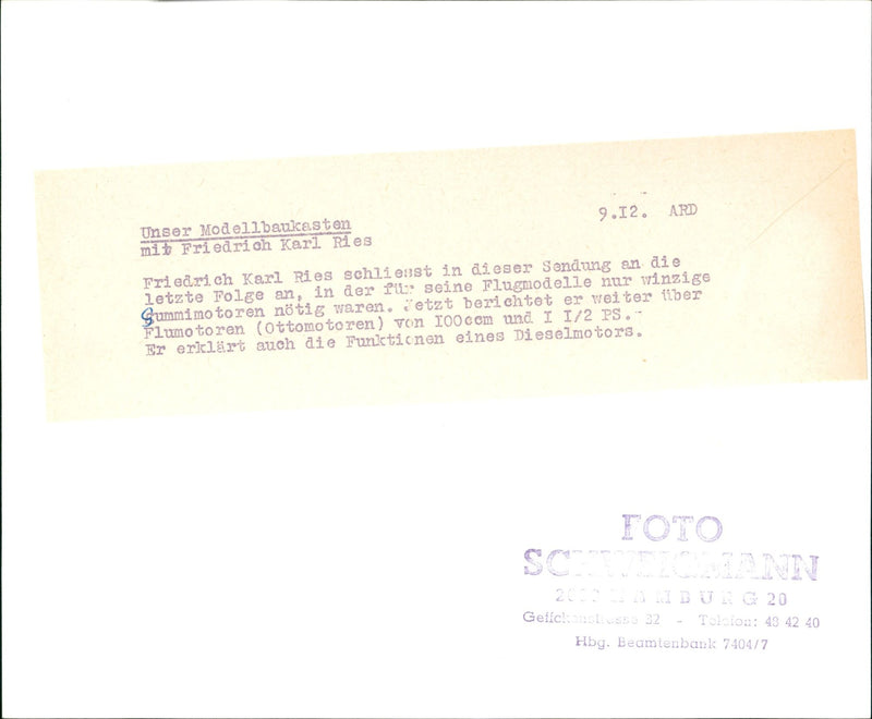 BUILDING TASTED OUR MODEL KIT FRIEDRICH KARL RIES PUS HIS FLIGHT - Vintage Photograph