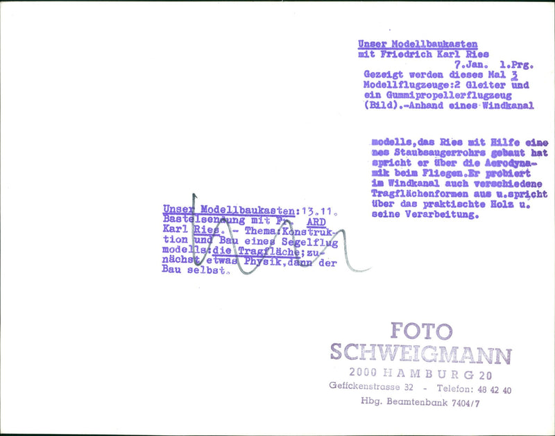 BUILDING TASTED FRIEDRICH KARL RIES MODEL AIRCRAFT GLIDE RUBBER PROPELL - Vintage Photograph