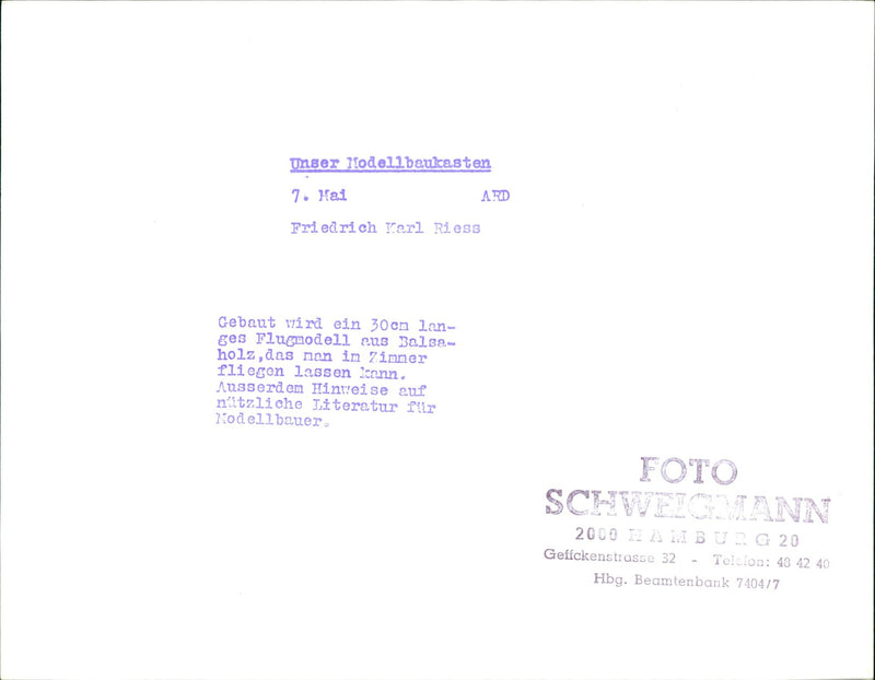 MODELKLAUTADENS KARL RIES OUR HALLODELBAUKASTEN HAI ARD FRIEDRICH TARL - Vintage Photograph