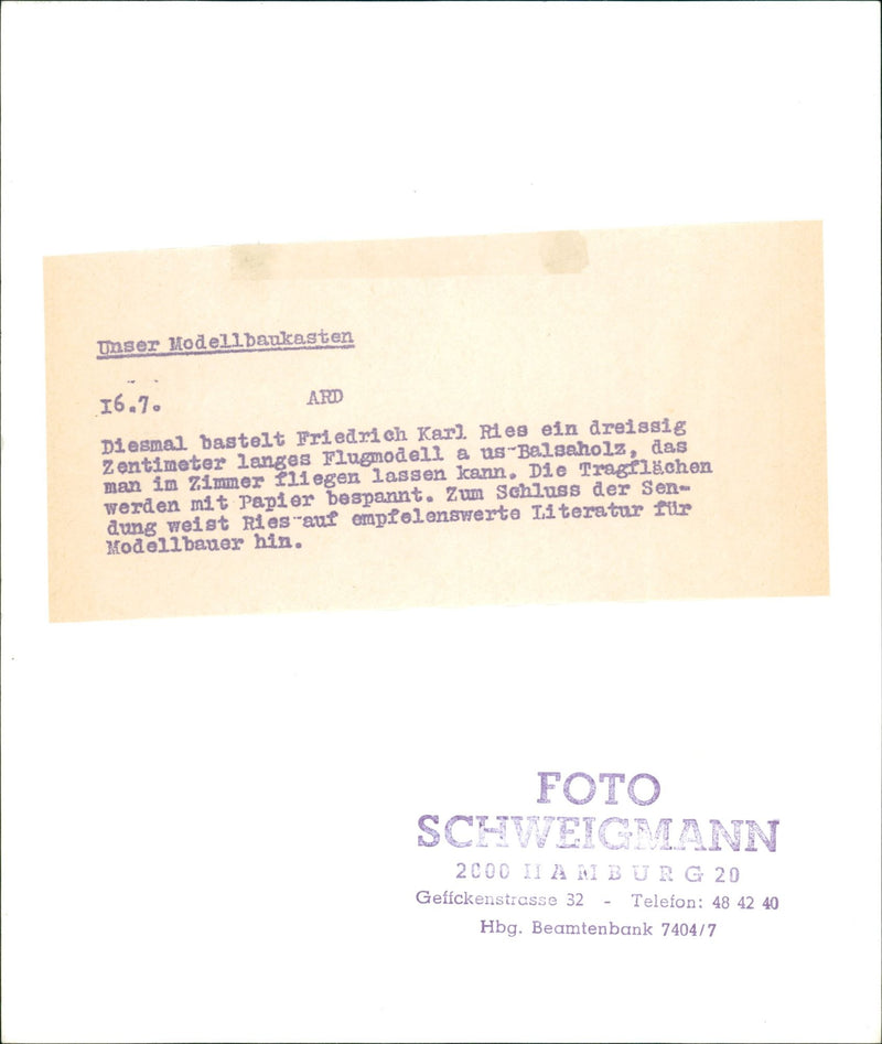 MODEL BUILDING TASTED FRIEDRICH KARL RIES MAKES THIRD - Vintage Photograph