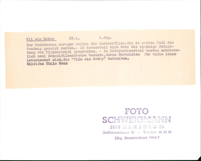 MOVIE HOBBY THILO HAUX PEGO STIMULATE IMITATION WANT FILM - Vintage Photograph