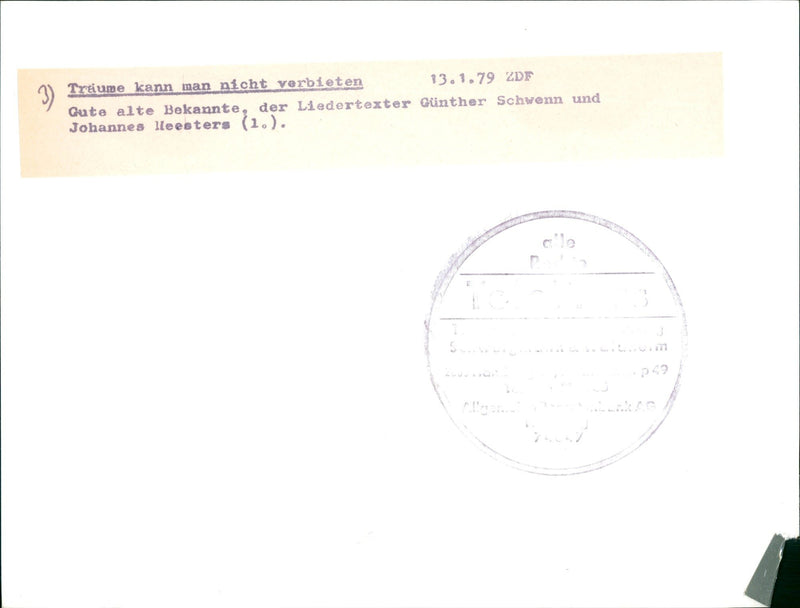 1979 HANN VERBATEN OLD ACQUAINTANCES SONGWRITER GUNTHER SCHWENN AND - Vintage Photograph