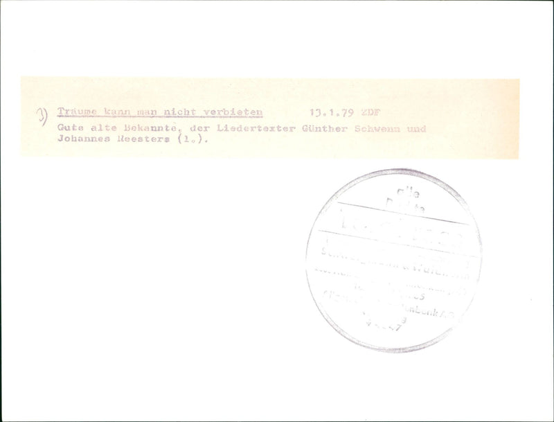 1979 VERBTEN EDE LTE OLD ACQUAINTANCES SONGWRITER GUNTHER SCHWEM AND HANNES - Vintage Photograph
