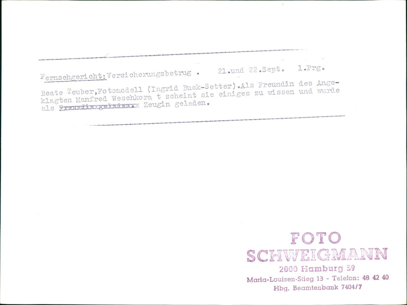 TELEVISION INSURANCE PLUG SEPT AND ATE TEUBER MODEL INGRID BUCK SETTE - Vintage Photograph