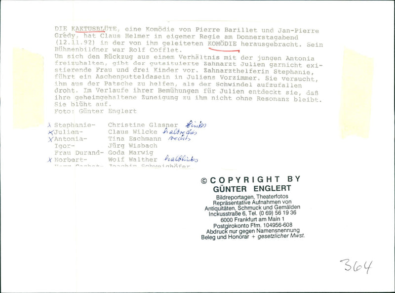 1992 ASSEMBLY PARTIES SOSSENHEIM CACTUS BLOOD COMEDY PIERRE BARILLET - Vintage Photograph