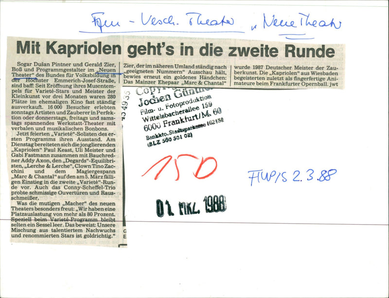 1988 THEATER NEW THEAH CAPERS GOES INTO SECOND ROUND PAUL FILM - Vintage Photograph