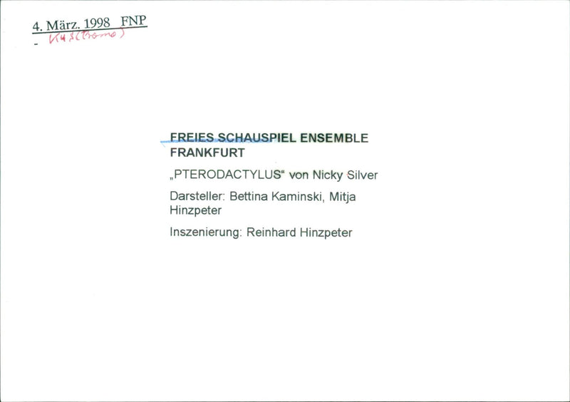 1998 HEATER MUSICAL CENTER FNP FREE SCHAUSPIEL ENSEMBLE FRANKFURT PTERODACTYLUS - Vintage Photograph