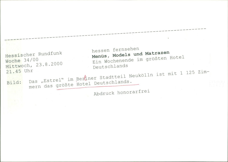 HOTELS VAND KURFURSTENDAMM RUNDFUNK HESSEN MENUS MODELS AND MATRAZES - Vintage Photograph