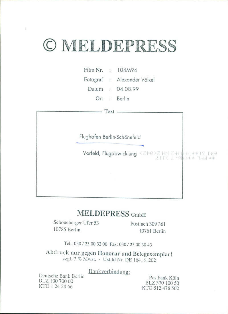1999 REFELD MELDEPRESS GMBH SCHONEBERGER UFER BOX BERLIN TEL FAX FILM - Vintage Photograph
