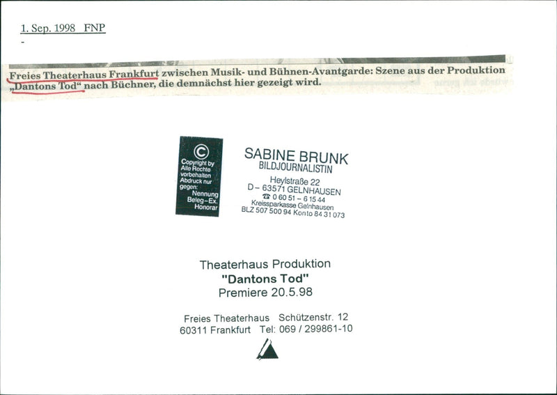 1998 PROTECTION THEATERHAUS FRANKFURT BETWEEN MUSIC AND BEANS AVANTGAR PREMIERE - Vintage Photograph