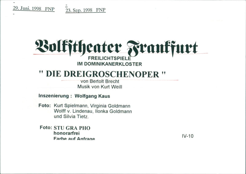 1998 PEOPLE THE THREIGROG OPERA BERTOLT BRECHT MUSIC KURT WEILL PRODUCTI - Vintage Photograph