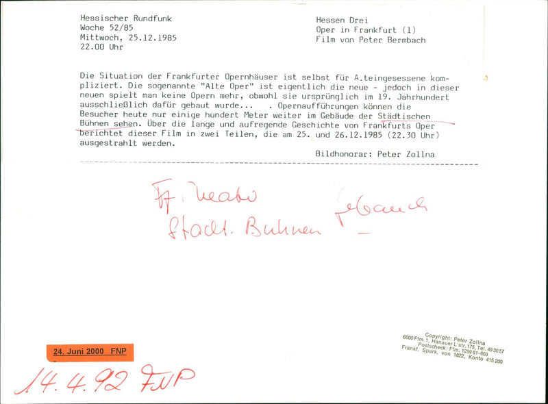 1985 COUNCIL SITUATION FRANKFURT OPERA COMPLEXED FILM PETER - Vintage Photograph