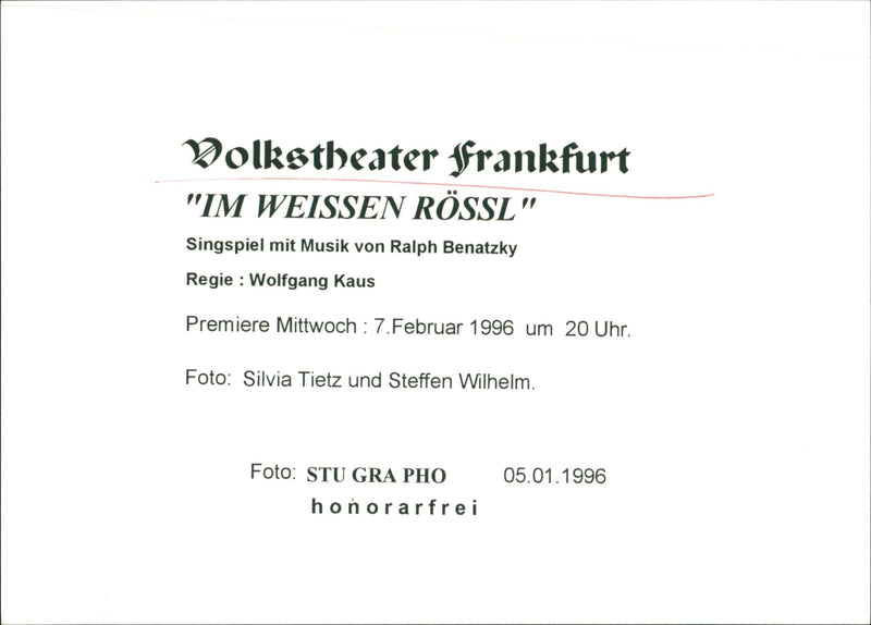 1996 PIECES OF THE FOLK THEATER FRANKFURT WEISSEN ROSSL SINGSPIEL WITH MUSIC PREMIERE - Vintage Photograph