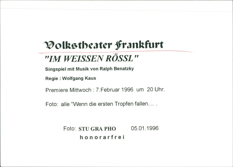 1996 PIECES OF THE FOLK THEATER FRANKFURT WEISSEN ROSSL SINGSPIEL WITH MUSIC PREMIERE - Vintage Photograph