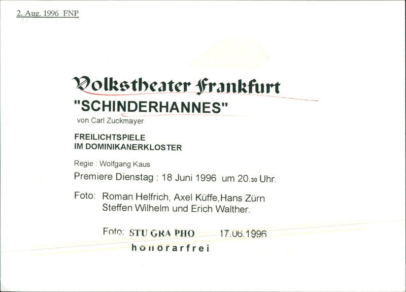 1996 Volkstheater: "Schinderhannes" by Carl Zuckmayer - Vintage Photograph
