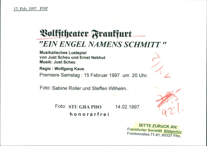 1997 PEOPLE AN ANGEL NAMED SCHMITT MUSICAL PLEASURE PLAY JUST SCHEU PREMIERE - Vintage Photograph