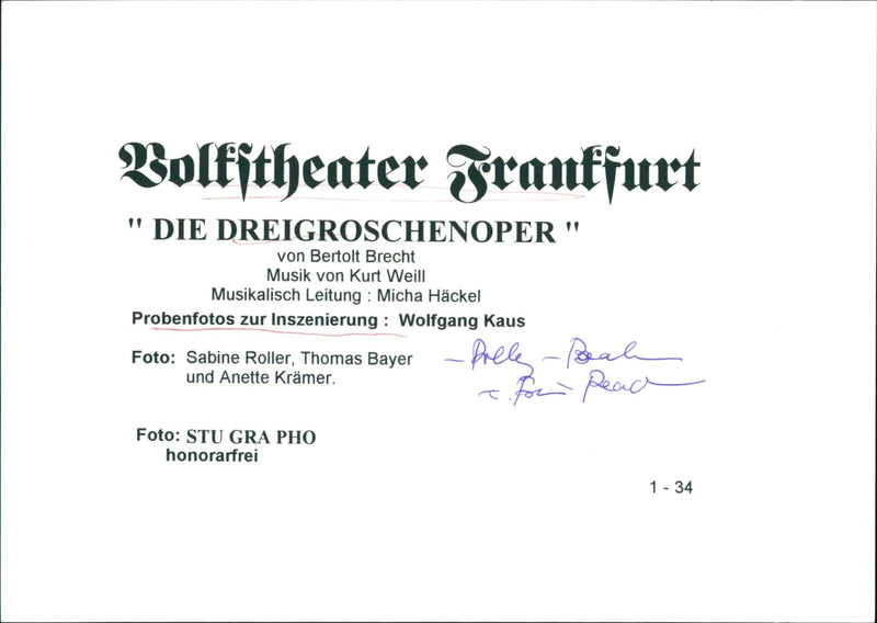 PEOPLE VOLKTHEATER FRANKFURT THE THREIGROSCHENOPER BERTOLT BRECHT MUSIC - Vintage Photograph