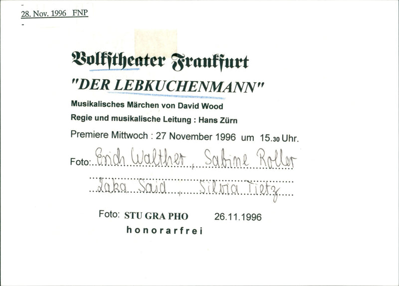 1996 THEATER PEOPLE THEATER THEATER PIECES MUSICAL MARCHING DAVID PREMIERE ERICH - Vintage Photograph