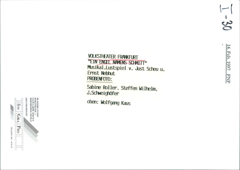 PEOPLE FOLK THEATER FRANKFURT ENGEL NAMED SCI MITT MUSICAL PLEASURE PLA - Vintage Photograph