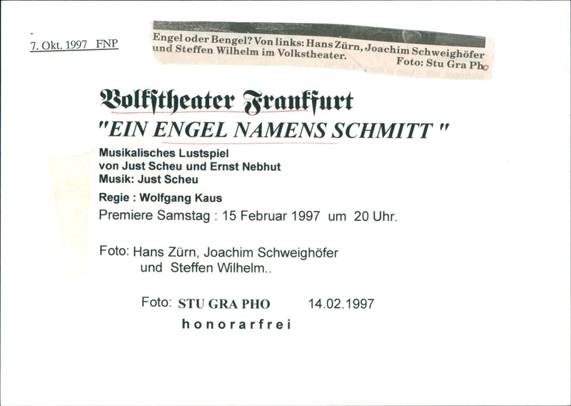 1997 PEOPLE AN ANGEL NAMED SCHMITT MUSICAL PLEASURE PLAY JUST SCHEU PREMIERE - Vintage Photograph