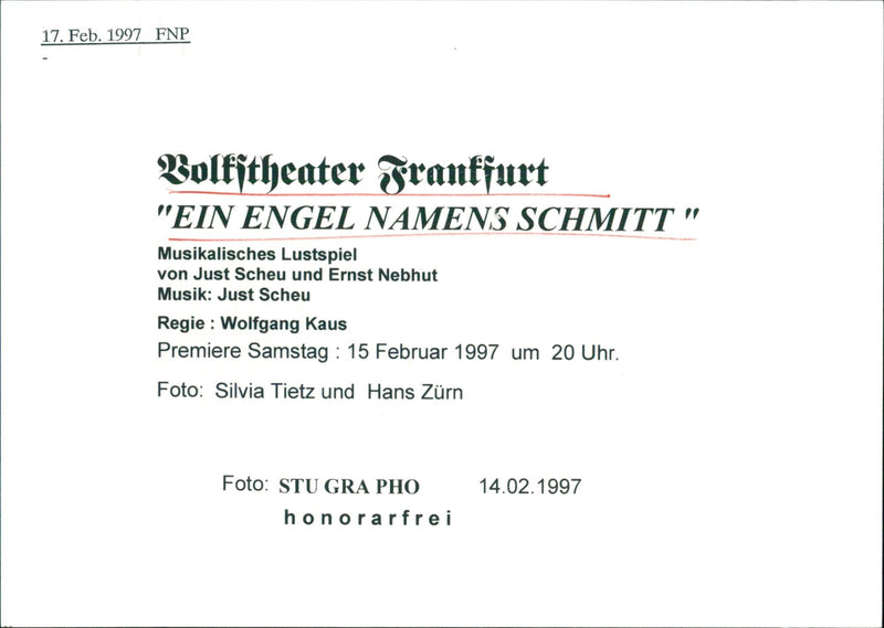 1997 PEOPLE FNP VOLKTHEATER FRANKFURT AN ANGEL NAMED SCHMITT MUSICAL PREMIERE - Vintage Photograph