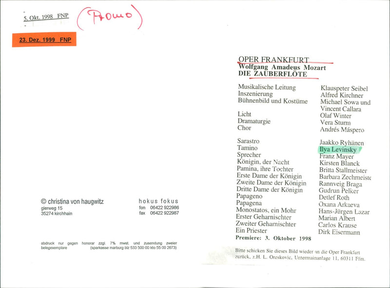 1998 THEATER OPERAS WOLFGANG AMADEUS MOZART THE ZAUBERFLOTE MUSICAL PREMIERE VERA - Vintage Photograph