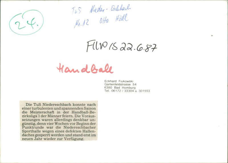 1987 HALL SMALL TUS NIEDER ESCHBACH OTTO HODL FILM HANDBALL ECKHARD FIUKOW - Vintage Photograph